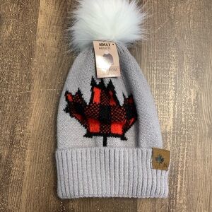 Grey Pom Pom Beanie with Red Plaid Maple Leaf -